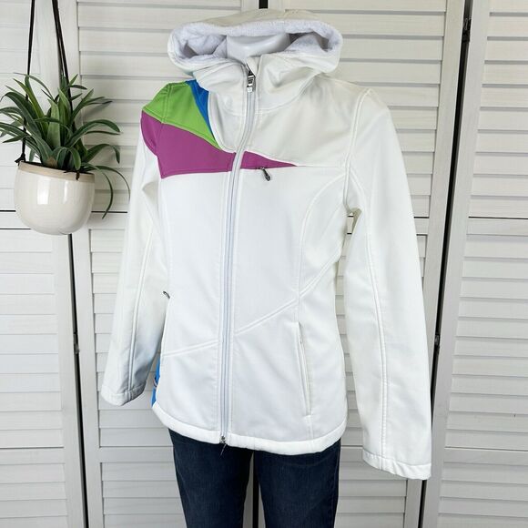 Spyder‎ M White Colorblock Soft Shell Ski Snowboard Jacket Faux Fur Lined Hood - Picture 1 of 12
